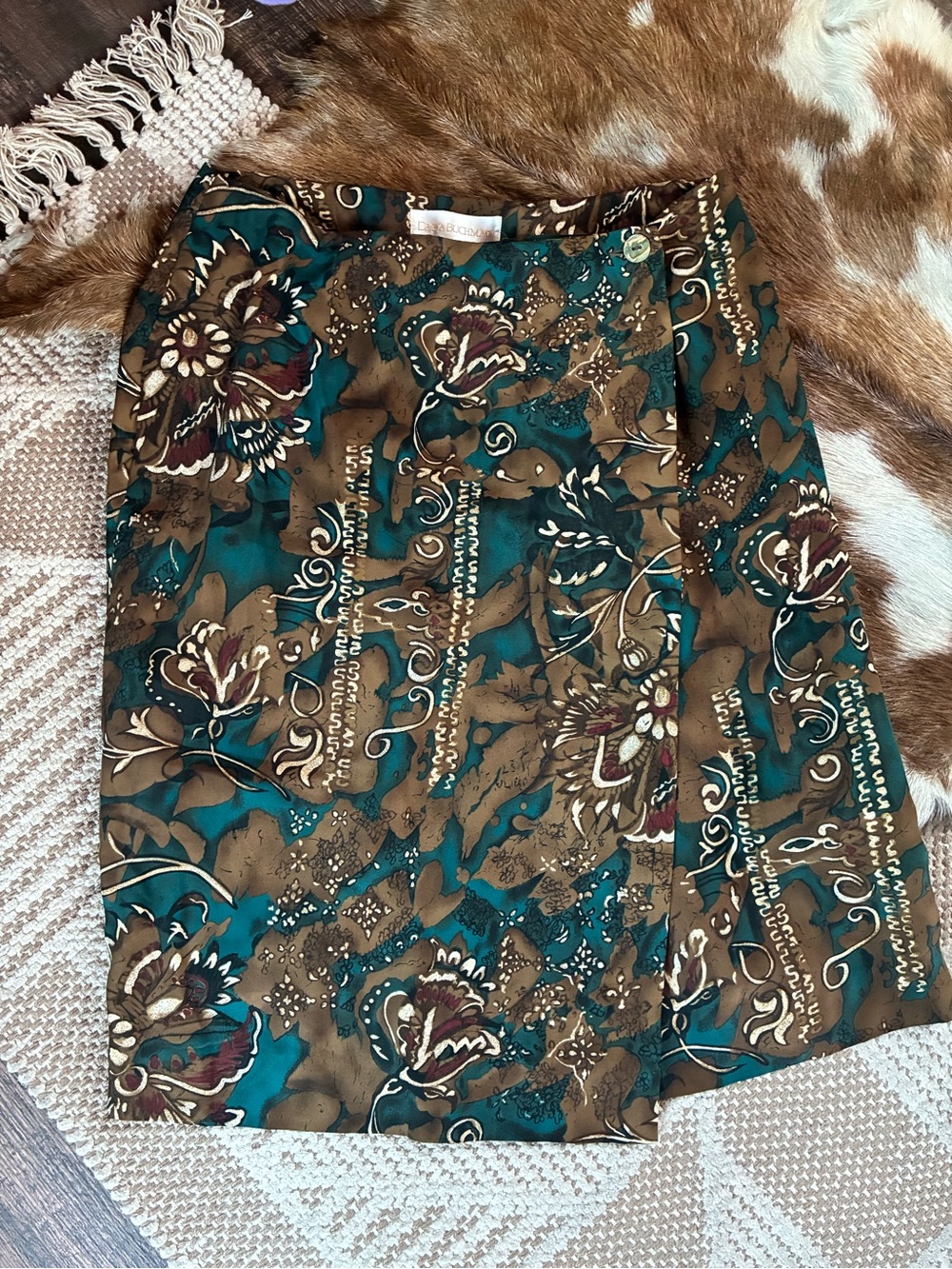 Vintage Silk Floral Print A-Line Skirt in Teal and Brown
